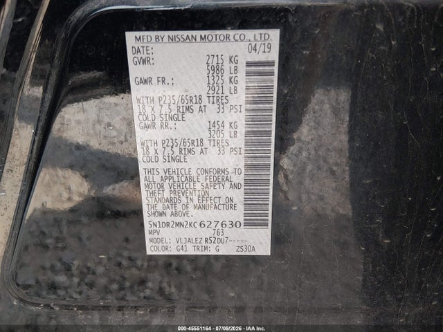 Aukcja sprzedaży 2019 Nissan Pathfinder Sv, vin: 5N1DR2MN2KC627630, numer aukcji: 45551164