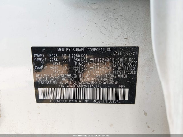 Продаж на аукціоні авто 2021 Subaru Outback Limited Xt, vin: 4S4BTGND2M3178173, номер лоту: 45551181