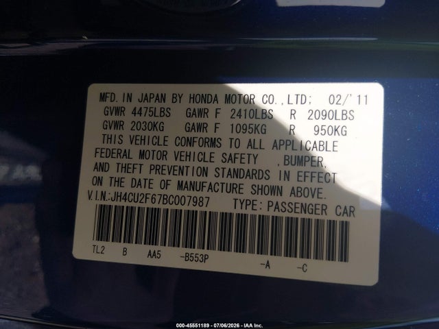 45551189 :رقم المزاد ، JH4CU2F67BC007987 vin ، 2011 Acura Tsx 2.4 مزاد بيع