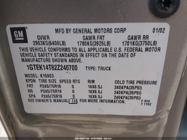 Aukcja sprzedaży 2002 Gmc Sierra 1500 Standard, vin: 1GTEK14T82Z240700, numer aukcji: 45551199