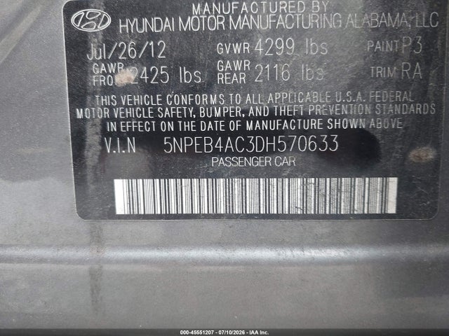 2013 Hyundai Sonata Gls მანქანა იყიდება აუქციონზე, vin: 5NPEB4AC3DH570633, აუქციონის ნომერი: 45551207