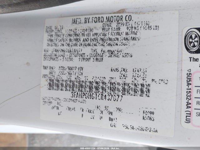 45551224 :رقم المزاد ، 3FAHP0HG1CR437077 vin ، 2012 Ford Fusion Se مزاد بيع