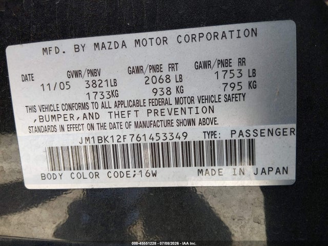 Продажа на аукционе авто 2006 Mazda Mazda3 I, vin: JM1BK12F761453349, номер лота: 45551228