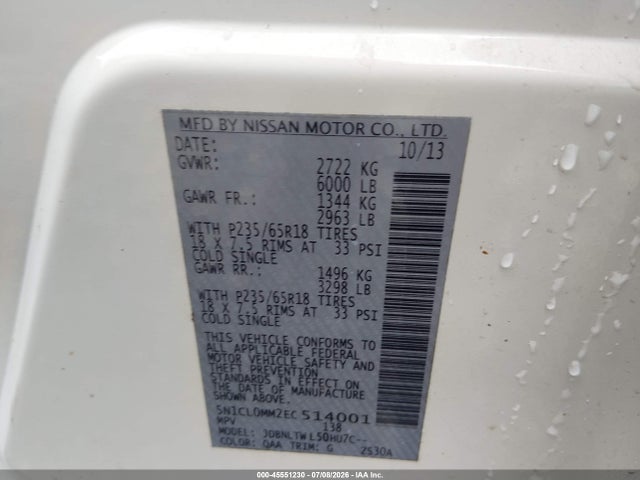 2014 Infiniti Qx60 Hybrid მანქანა იყიდება აუქციონზე, vin: 5N1CL0MM2EC514001, აუქციონის ნომერი: 45551230