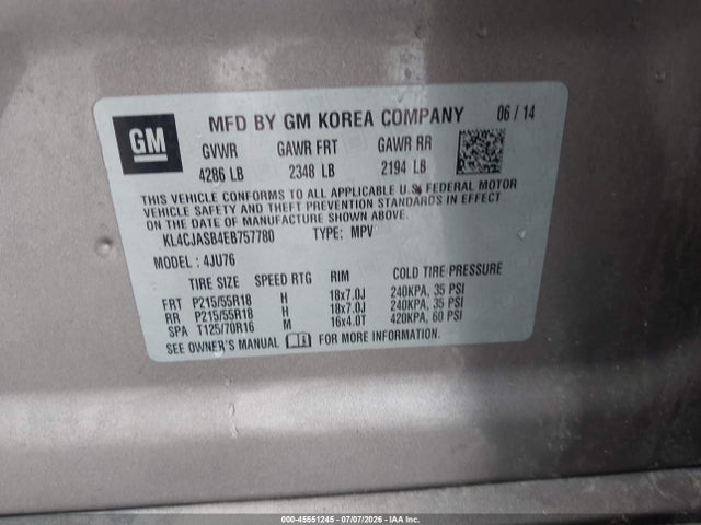 45551245 :رقم المزاد ، KL4CJASB4EB757780 vin ، 2014 Buick Encore مزاد بيع