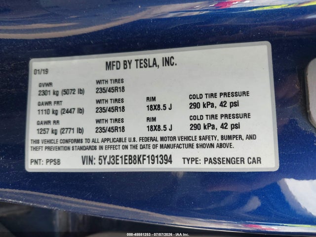 Auction sale of the 2019 Tesla Model 3 Long Range/performance, vin: 5YJ3E1EB8KF191394, lot number: 45551253