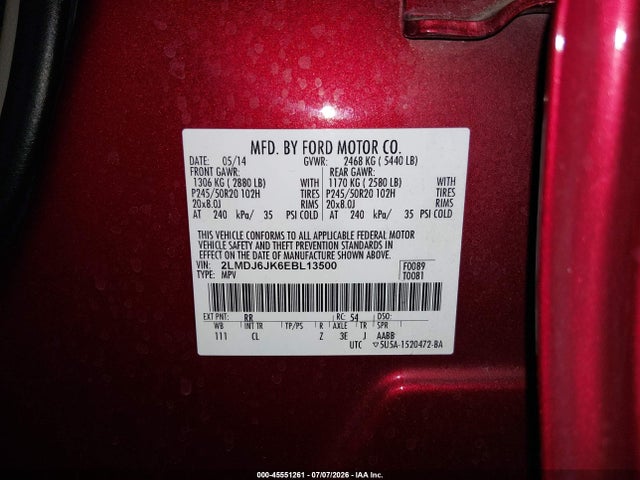 Продаж на аукціоні авто 2014 Lincoln Mkx, vin: 2LMDJ6JK6EBL13500, номер лоту: 45551261