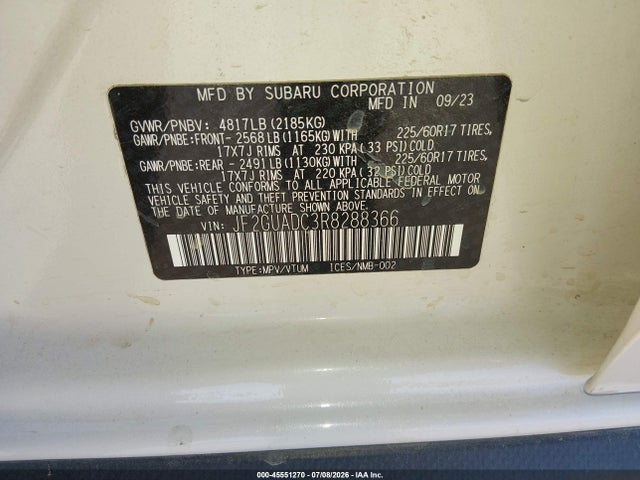 45551270 :رقم المزاد ، JF2GUADC3R8288366 vin ، 2024 Subaru Crosstrek Premium مزاد بيع