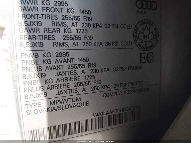 Aukcja sprzedaży 2017 Audi Q7 3.0t Premium, vin: WA1LAAF70HD047239, numer aukcji: 45551285