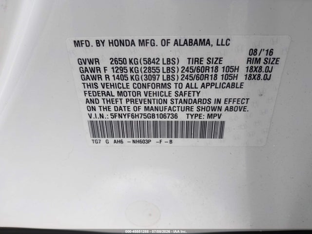Honda Pilot Ex-l 2016 5FNYF6H75GB106736 Image 9