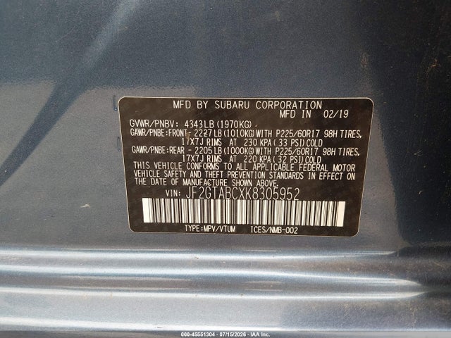 Продажа на аукционе авто 2019 Subaru Crosstrek 2.0i, vin: JF2GTABCXK8305952, номер лота: 45551304