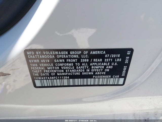 2015 Volkswagen Passat 1.8t Limited Edition მანქანა იყიდება აუქციონზე, vin: 1VWAS7A38FC111254, აუქციონის ნომერი: 45551311