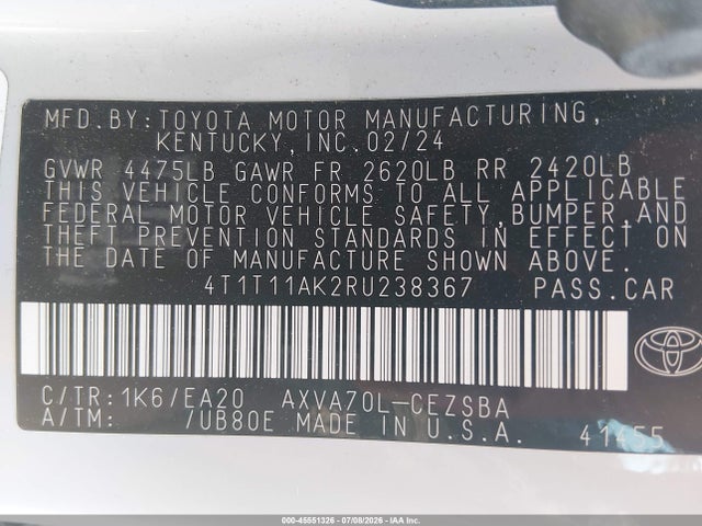 2024 Toyota Camry Se მანქანა იყიდება აუქციონზე, vin: 4T1T11AK2RU238367, აუქციონის ნომერი: 45551326