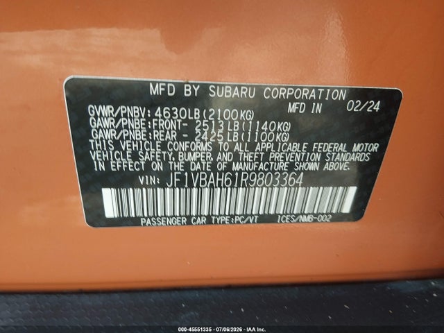 2024 Subaru Wrx Premium მანქანა იყიდება აუქციონზე, vin: JF1VBAH61R9803364, აუქციონის ნომერი: 45551335