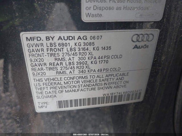 Продажа на аукционе авто 2008 Audi Q7 3.6 Premium, vin: WA1BY74L68D003417, номер лота: 45551365