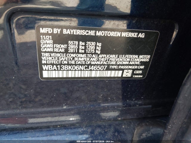 2022 Bmw M550 I Xdrive მანქანა იყიდება აუქციონზე, vin: WBA13BK06NCJ46507, აუქციონის ნომერი: 45551388