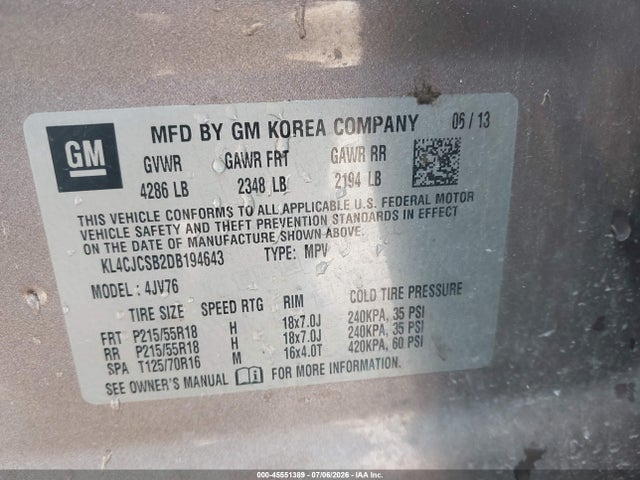45551389 :رقم المزاد ، KL4CJCSB2DB194643 vin ، 2013 Buick Encore Leather مزاد بيع