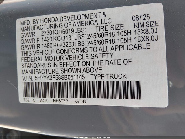 5FPYK3F58SB051145 Honda Ridgeline Rtl