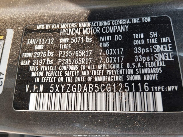 Продажа на аукционе авто 2012 Hyundai Santa Fe Gls, vin: 5XYZGDAB5CG125116, номер лота: 45551424