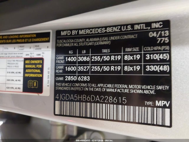 Aukcja sprzedaży 2013 Mercedes-benz Ml 350 4matic, vin: 4JGDA5HB6DA228615, numer aukcji: 45551432
