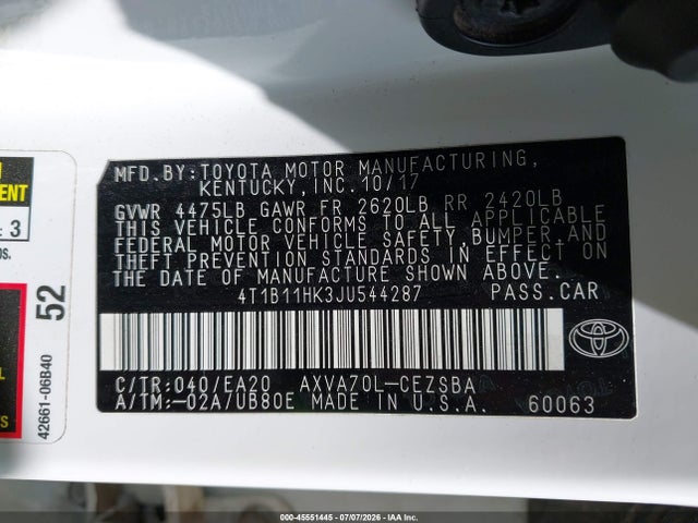 2018 Toyota Camry Se მანქანა იყიდება აუქციონზე, vin: 4T1B11HK3JU544287, აუქციონის ნომერი: 45551445