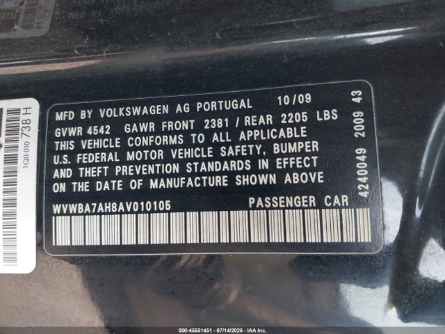 Aukcja sprzedaży 2010 Volkswagen Eos Komfort, vin: WVWBA7AH8AV010105, numer aukcji: 45551451