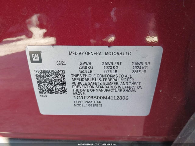 1G1FZ6S00M4112806 Chevrolet Bolt Ev Fwd Premier