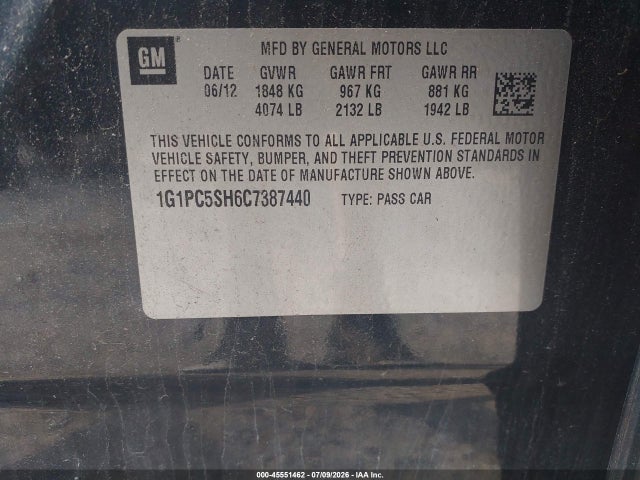 Aukcja sprzedaży 2012 Chevrolet Cruze Ls, vin: 1G1PC5SH6C7387440, numer aukcji: 45551462