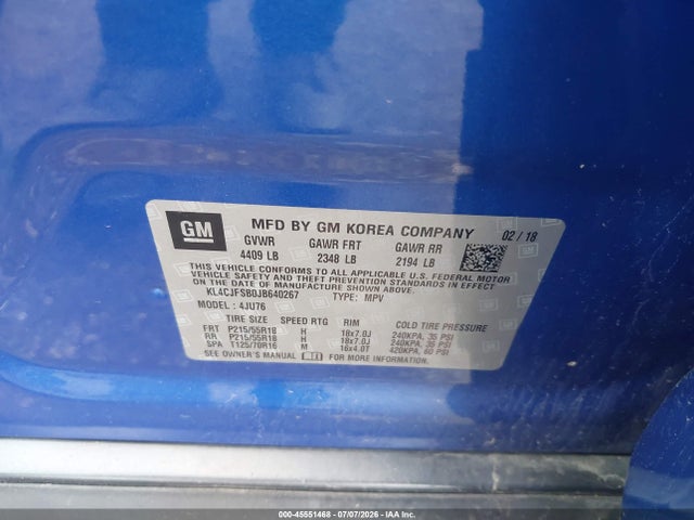 2018 Buick Encore მანქანა იყიდება აუქციონზე, vin: KL4CJFSB0JB640267, აუქციონის ნომერი: 45551468