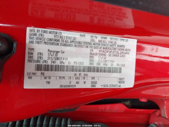45551484 :رقم المزاد ، 1FADP3F27GL280456 vin ، 2016 Ford Focus Se مزاد بيع