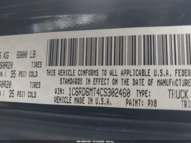 Aukcja sprzedaży 2012 Ram 1500 Sport, vin: 1C6RD6MT4CS302460, numer aukcji: 45551497