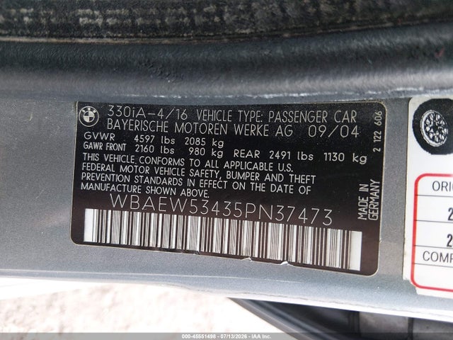 45551498 :رقم المزاد ، WBAEW53435PN37473 vin ، 2005 Bmw 330xi مزاد بيع