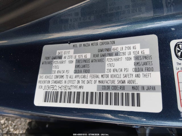 45551515 :رقم المزاد ، JM3KFBCL1H0180147 vin ، 2017 Mazda Cx-5 Touring مزاد بيع