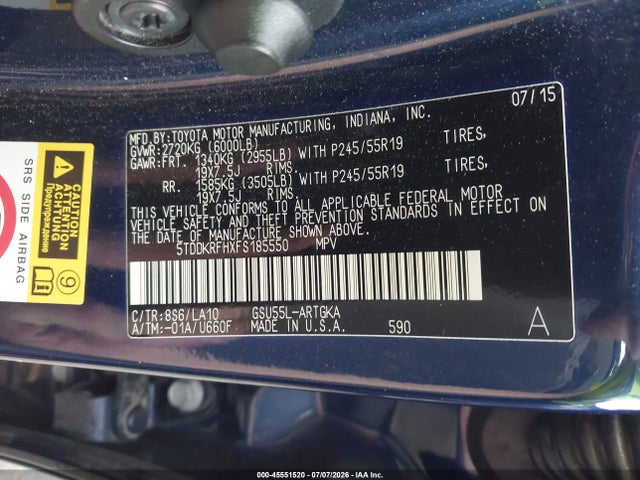 2015 Toyota Highlander Limited Platinum V6 მანქანა იყიდება აუქციონზე, vin: 5TDDKRFHXFS185550, აუქციონის ნომერი: 45551520