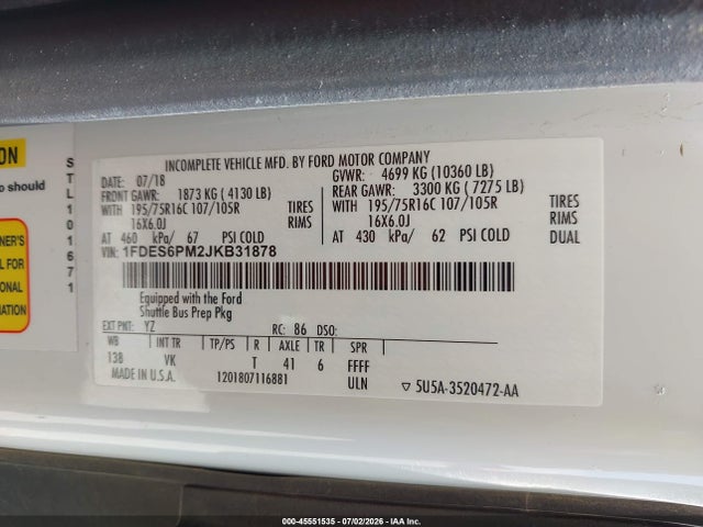 Ford Transit-350 Cutaway 2018 1FDES6PM2JKB31878 Image 9