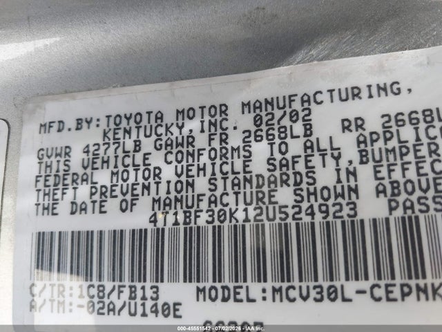 45551542 :رقم المزاد ، 4T1BF30K12U524923 vin ، 2002 Toyota Camry Le مزاد بيع