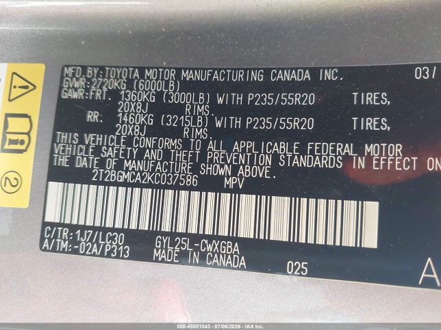 45551543 :رقم المزاد ، 2T2BGMCA2KC037586 vin ، 2019 Lexus Rx Rx 450h F Sport مزاد بيع