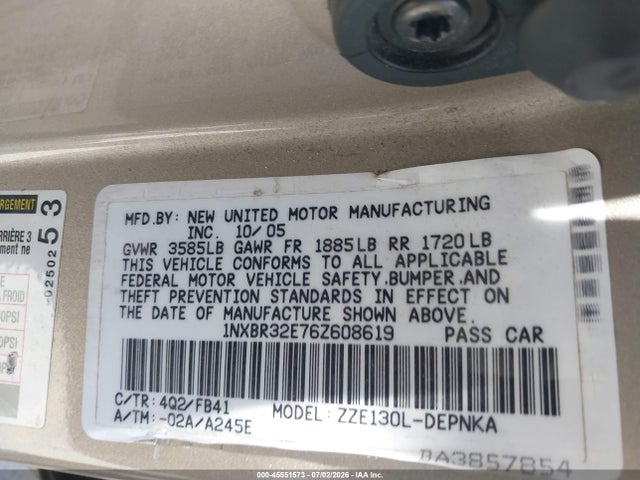 Продаж на аукціоні авто 2006 Toyota Corolla Le, vin: 1NXBR32E76Z608619, номер лоту: 45551573