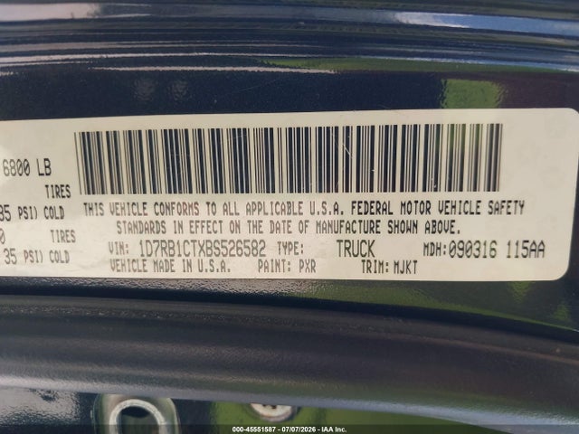 Продаж на аукціоні авто 2011 Ram Ram 1500 Slt, vin: 1D7RB1CTXBS526582, номер лоту: 45551587