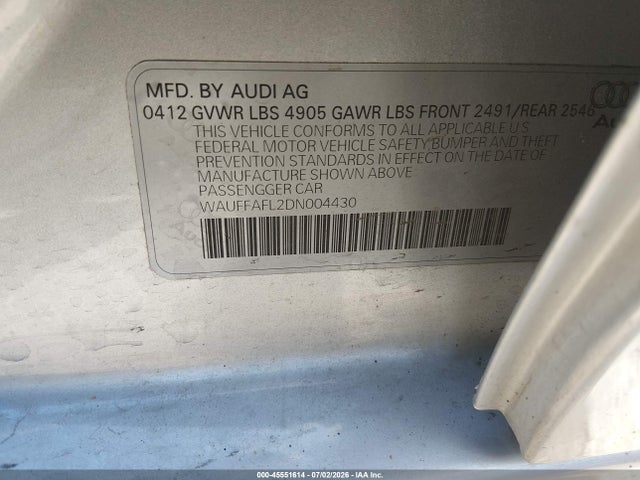 2013 Audi A4 2.0t Premium მანქანა იყიდება აუქციონზე, vin: WAUFFAFL2DN004430, აუქციონის ნომერი: 45551614