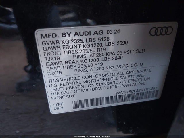 Продаж на аукціоні авто 2024 Audi Q3 Premium 45 Tfsi S Line Quattro Tiptronic, vin: WA1DECF32R1115397, номер лоту: 45551632