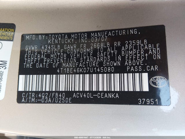 2007 Toyota Camry Le მანქანა იყიდება აუქციონზე, vin: 4T1BE46K07U145080, აუქციონის ნომერი: 45551647