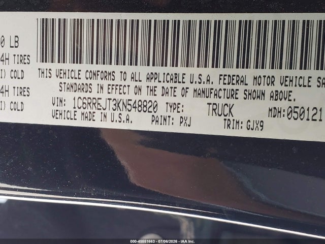 Продажа на аукционе авто 2019 Ram 1500 Laramie  4x2 5'7 Box, vin: 1C6RREJT3KN548820, номер лота: 45551663