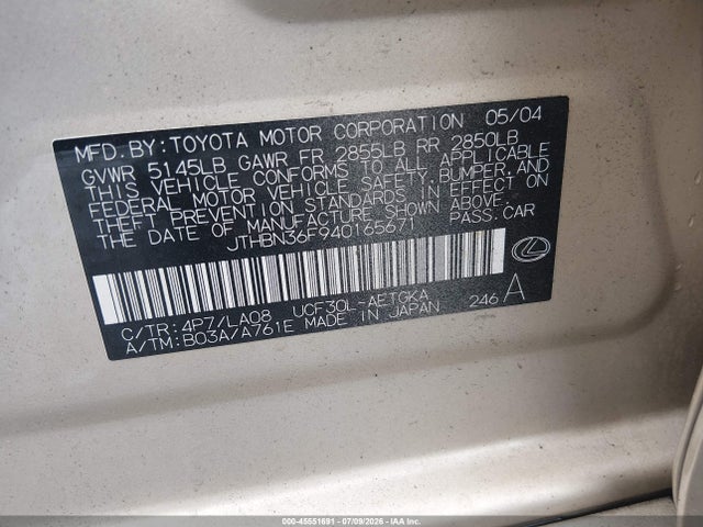Продаж на аукціоні авто 2004 Lexus Ls 430, vin: JTHBN36F940165671, номер лоту: 45551691