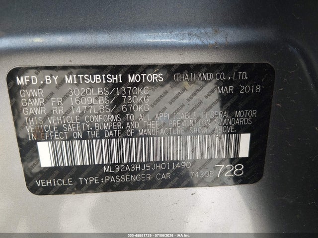 45551729 :رقم المزاد ، ML32A3HJ5JH011490 vin ، 2018 Mitsubishi Mirage Es مزاد بيع
