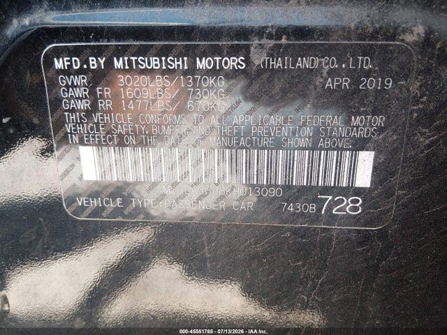 Продаж на аукціоні авто 2019 Mitsubishi Mirage Es/rf, vin: ML32A3HJ8KH013090, номер лоту: 45551765