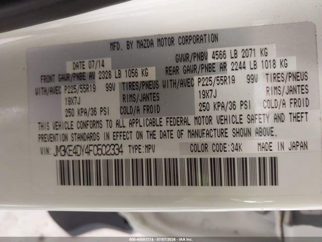 45551774 :رقم المزاد ، JM3KE4DY4F0502334 vin ، 2015 Mazda Cx-5 Grand Touring مزاد بيع