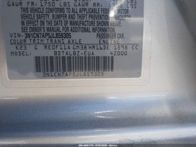 3N1CN7AP5JL859305 Nissan Versa 1.6 Sv