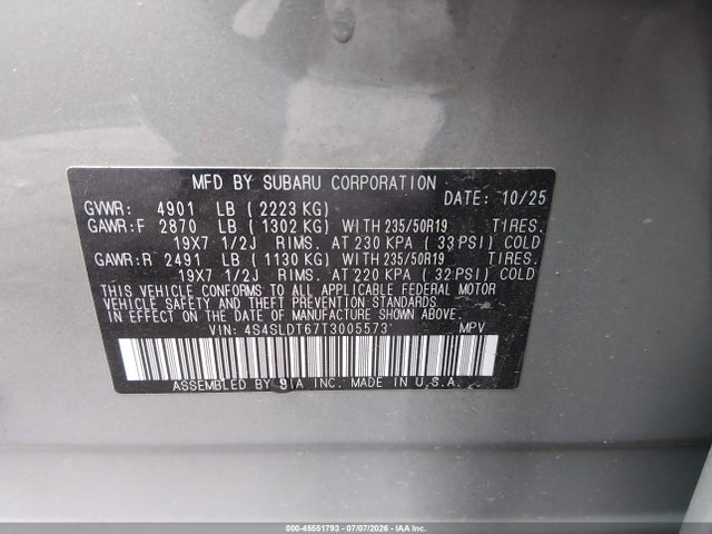 Продаж на аукціоні авто 2026 Subaru Forester Touring, vin: 4S4SLDT67T3005573, номер лоту: 45551793