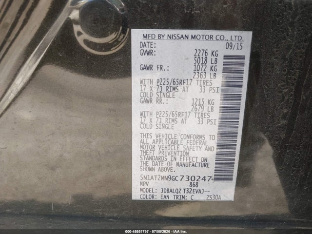45551797 :رقم المزاد ، 5N1AT2MN9GC730247 vin ، 2016 Nissan Rogue Sv مزاد بيع